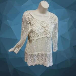 ZARA Cream Sheer Crochet Lace Boho Top Blouse Women’s Size S Floral T04